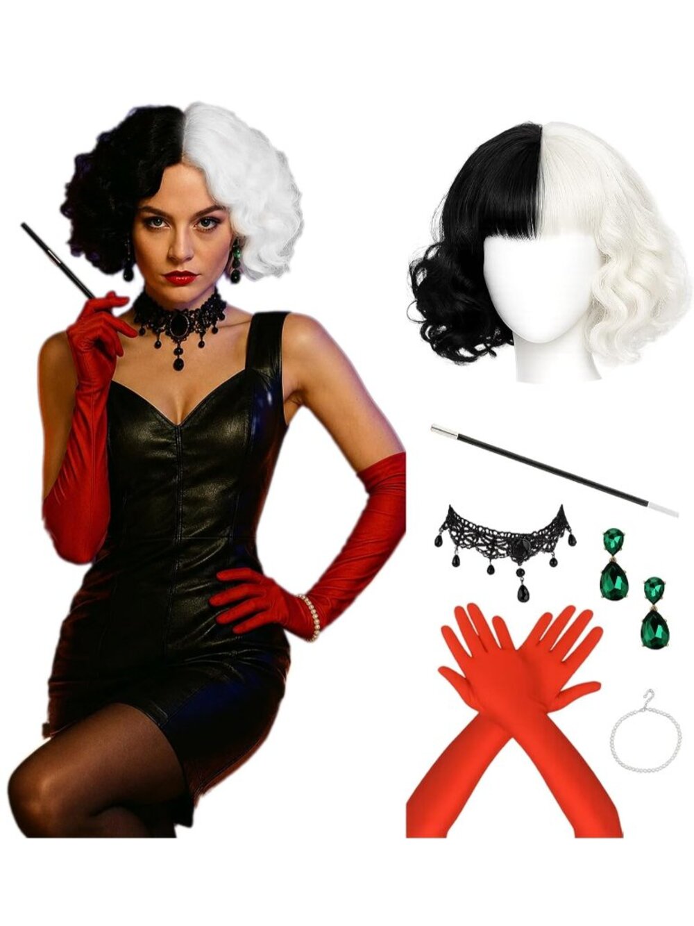 Women's Black White Cosplay Convenient Set Include Adjustable Wig Cap Headpiece